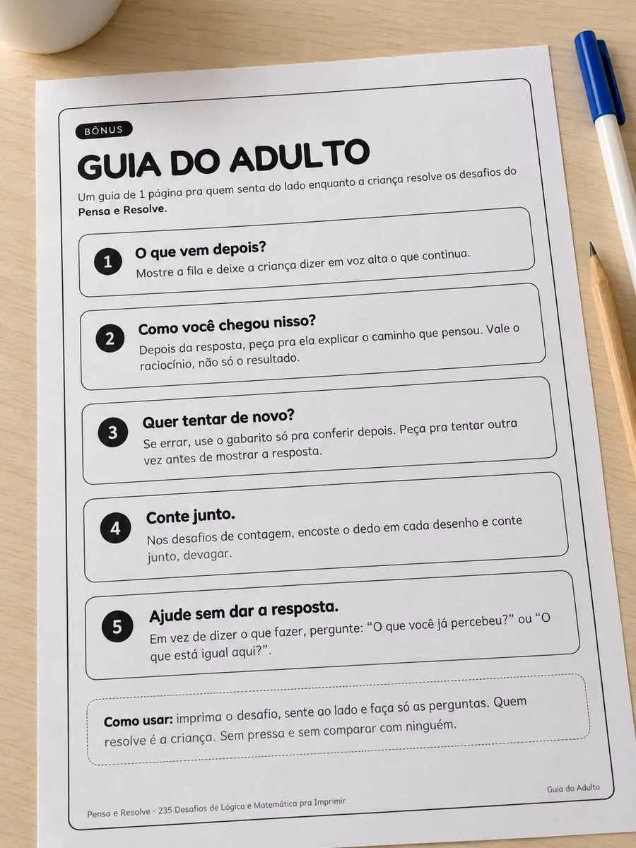 Guia do Adulto: uma página A4 impressa com perguntas para fazer enquanto a criança resolve