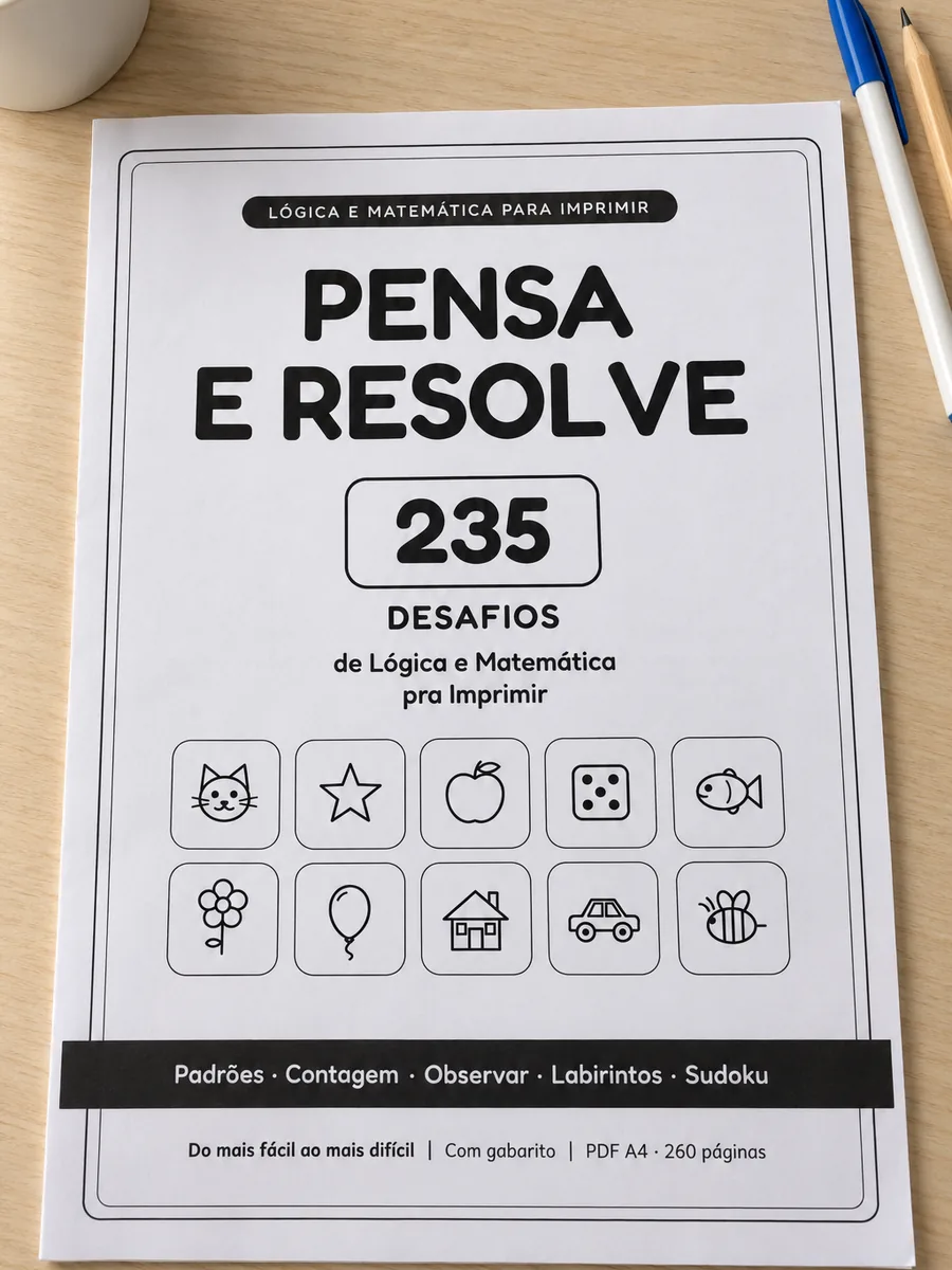 Capa impressa do Pensa e Resolve, fotografada sobre a mesa