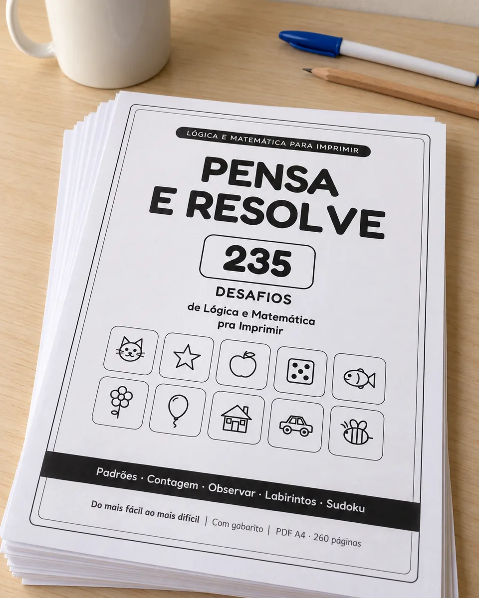 Pilha de folhas impressas do Pensa e Resolve sobre uma mesa de madeira clara, com a capa por cima