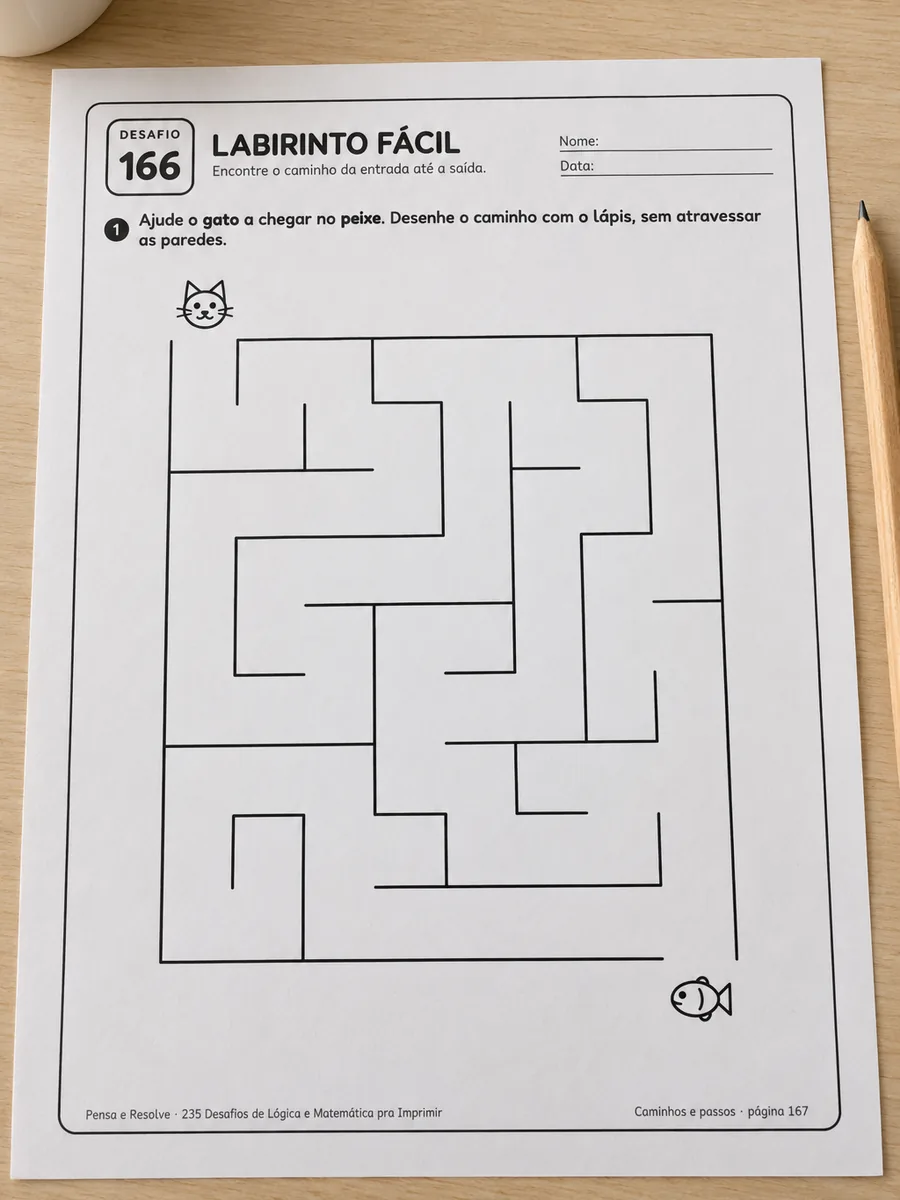 Folha de labirinto (página 167 do PDF) impressa sobre a mesa